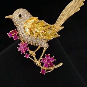 Gold and Pink Bird Brooch with Crystal Accents